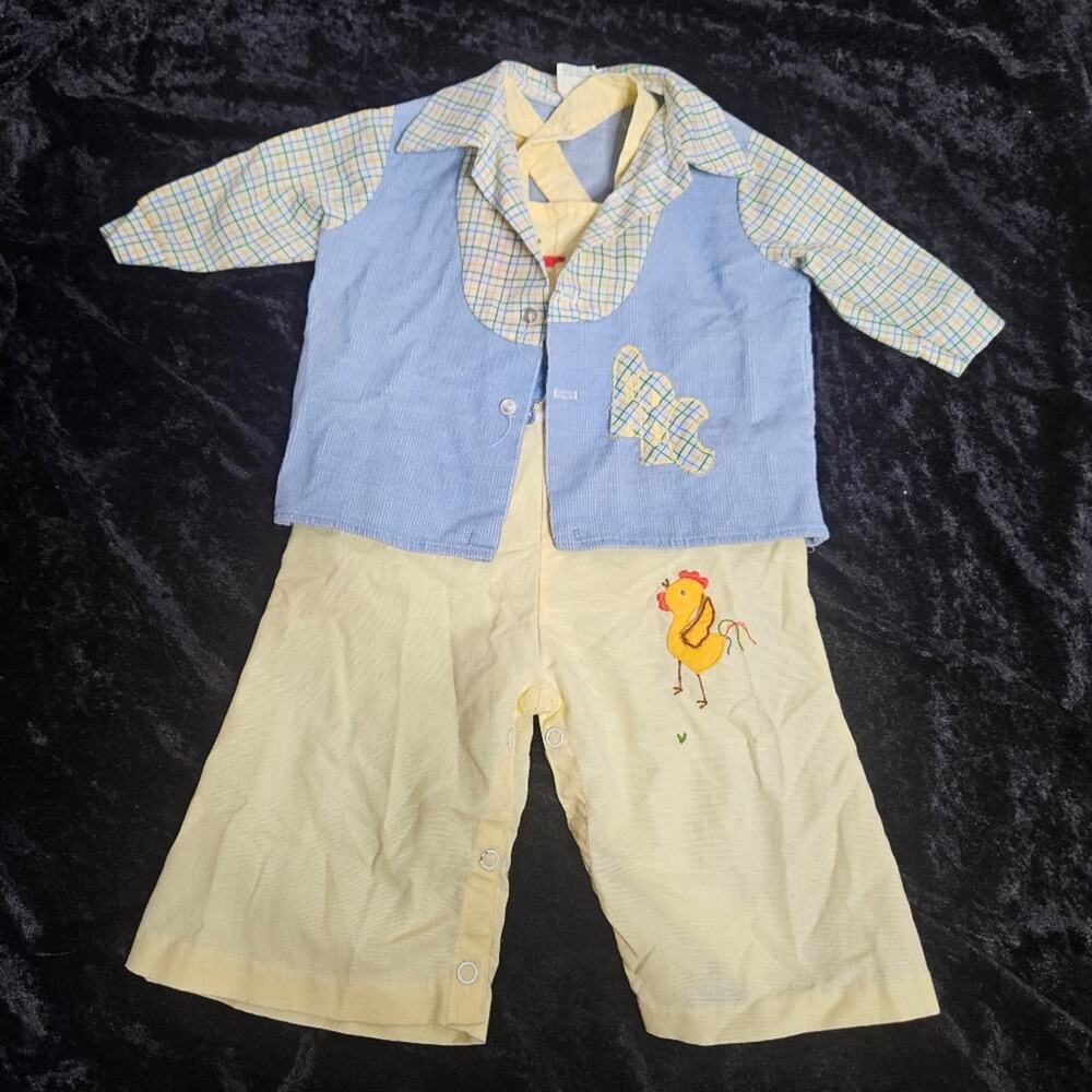 VTG Boys Chicken Embroidered Applique Overalls with ABC Jacket, size 3 months